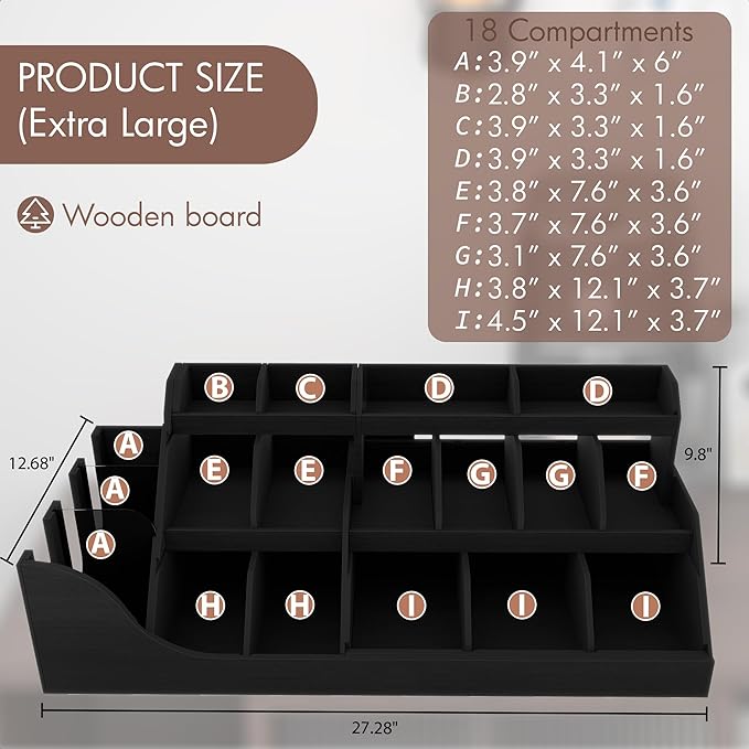 Suli 3-Tier Coffee Bar Station Organizer for Countertop,Extra large,18-Slot | Coffee Storage Basket for Kitchen Counter,Office,Hotel,Pod Holder with Drawer for Condiment Syrup,Tea Cup,Wooden,Rustic Black - Image 2