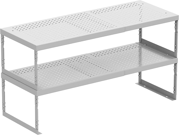 Stackable Expandable Metal Shelf Organizer - Adjustable Wire Storage Rack with Holes for Kitchen, Bathroom, Cabinet, Office - Space Saving, Durable & Sturdy Design（2PACKS/Medium/White - Image 7