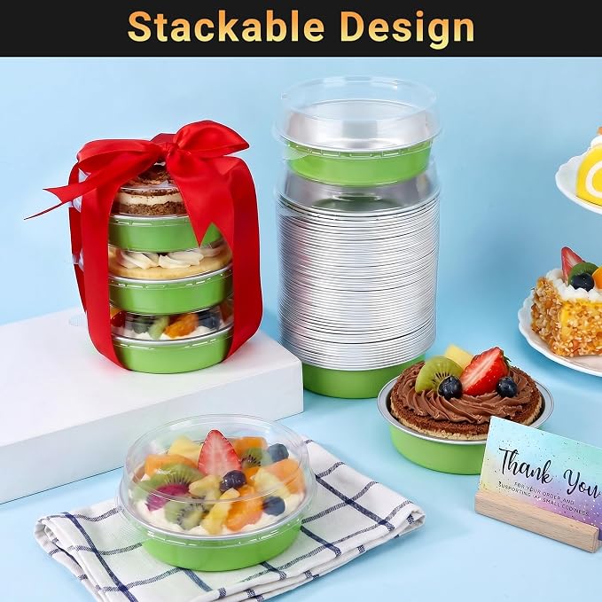Beasea 4 Inch Pie Pans with Lids, 50 Pack 7.3 Oz Disposable Aluminum Mini Tart Pans, 215ml Foil Baking Cups Small Round Muffin Container Mini Cheesecake Tins for Pie Tart Quiche - Matcha Green - Image 5