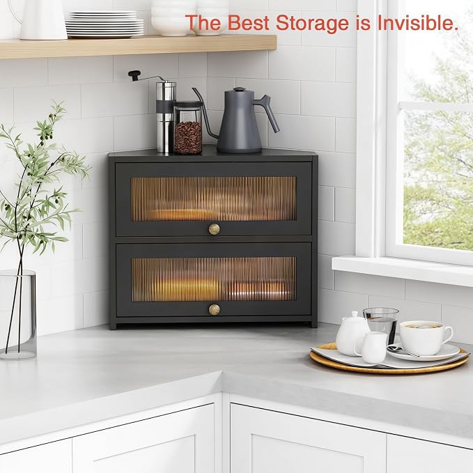 Goozii Corner Bread Box for Kitchen Countertop, Double Layer Large Breadbox for Counter Top, 2 Tier Roll Up Vintage Farmhouse Homemade Bread Storage Container Holder Keeper for Cabinet (Black) - Image 3