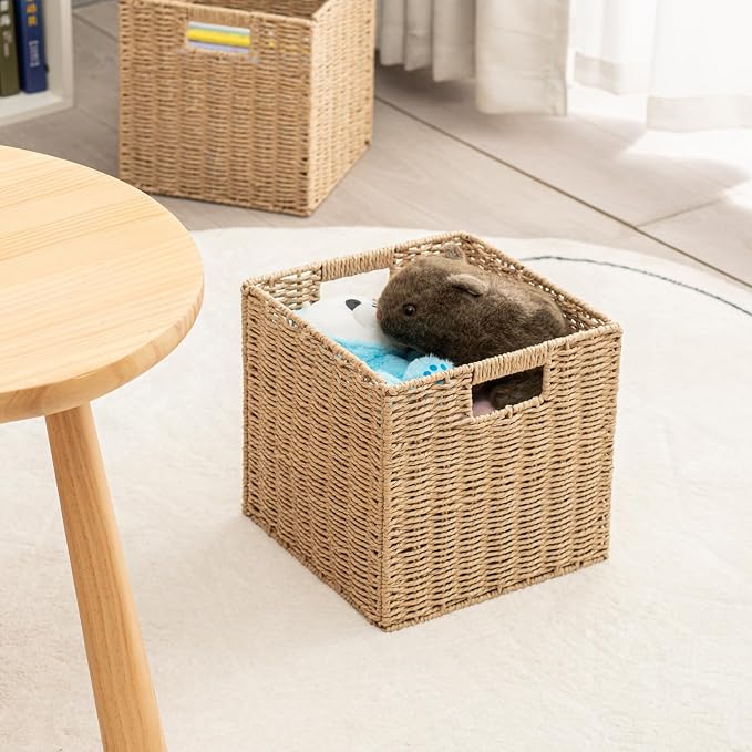 Handwoven Paper Woven Cube Basket Organizer with Handles set of 4 Foldable Storage baskets for Bedroom Living Room Cubby Storage Units for Clothes Books Toys (Natural, 13" L x 13" W x 13" H) - Image 8