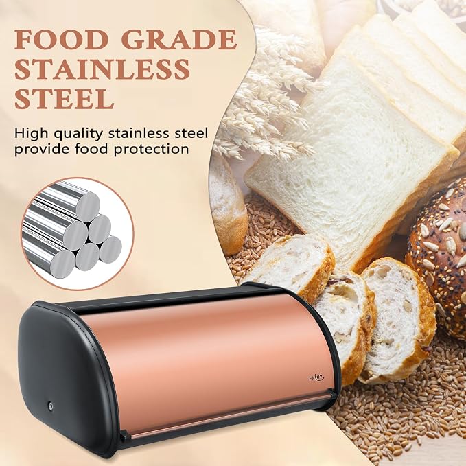 ENLOY Bread Box for Kitchen Countertop, Stainless Steel Bread Storage Bin for Kitchen with Roll Up Lid, Large Capacity Bread Keeper Holds Large Loaves of Bread (Rose Gold) 17 x 11 x 7 IN - Image 5