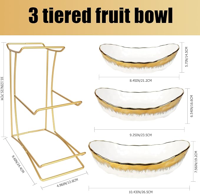 3 Tier Fruit Bowl for Kitchen Counter,Ceramic Fruit Basket with Metal Stand | Tiered Holder for Displaying Snacks, Vegetables, Nuts, Desserts, Bread, Candy Storage, Modern Countertop Organizer - Image 2