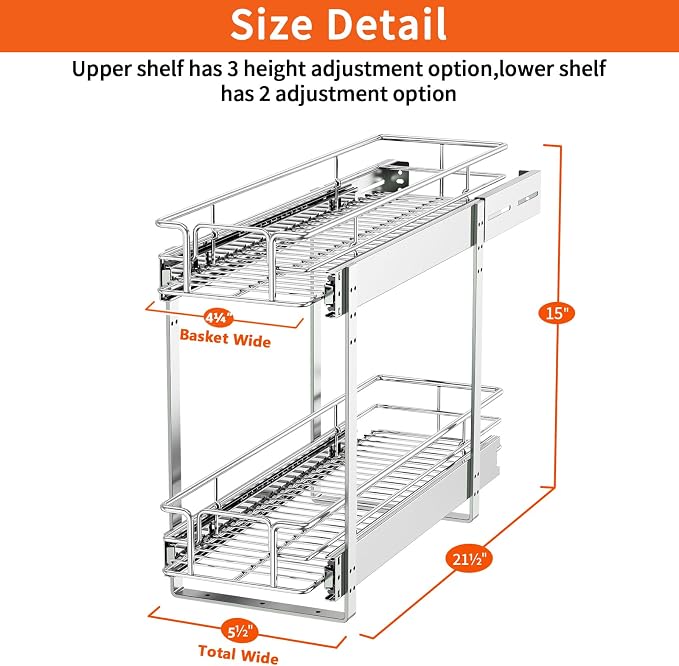 ROOMTEC Individual Pull Out Cabinet Organizer (5½"W x 21½"D), 2 Tier Spice Rack Organizer for Cabinet, Slide Out Drawer Pantry Shelf Organization and Storage for Kitchen Bathroom - Image 3