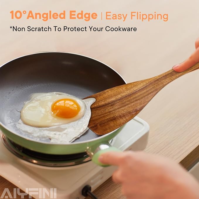 Non-Toxic Wooden Kitchen Utensils Set, 15.4" Long Handle Wood Spatula for Cooking, Egg Flipper Fish Turner Spatula for Non Stick Frying Pan, with Chopsticks, Soup Ladle, Pasta Spoon, Holder, Rest - Image 6