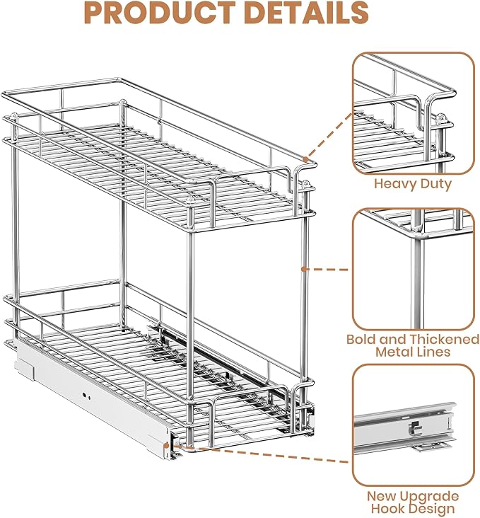 Pull Out Spice Rack Cabinet Organizer, 3 Tier Heavy Duty Slide Out Wood Shelf for Narrow Cabinet, Pull Out Storage for Kitchen (8½" W x 21½" D, 2 Tier) - Image 6