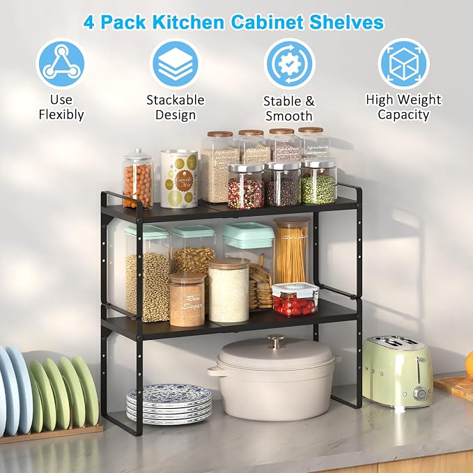 15.5 to 25.5 Inch Kitchen Cabinet Shelf Organizers, Adjustable Kitchen Counter Shelf Organizer, Set of 4 Expandable Countertop Storage Shelves, Stackable Design, 30LBS Heavy Duty, Space Saver - Image 3