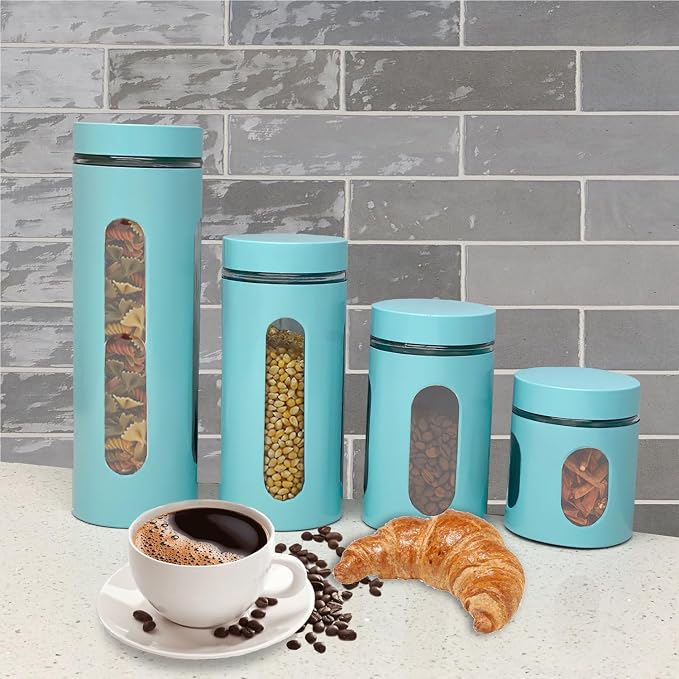 Kitchen Canisters Set For Countertop By Home Basics | Retro-Styled Canisters For Kitchen Counter | Stainless Steel and Glass, See-Through Windows (Turquoise), 4 Pieces - Image 4
