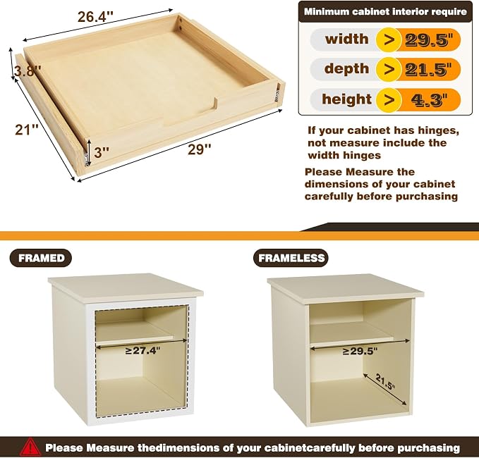 Pull Out Cabinet Organizer, 29''W×21''D Sliding Drawers for Cabinets, Soft Close Slide Out Wooden Pull out Drawers, Base Cabinet Organization for Kitchen, Pantry, Bathroom - Image 3