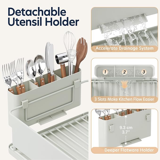 KINGRACK Dish Drying Rack for Kitchen Counter, Dish Drainer with Cup Holder | 16.9"L x 12.4" W Dish Rack with Spacious Drying Capacity, Quick Auto Dish Drainer for Plate Dish Dinnerware, Pale Green - Image 8