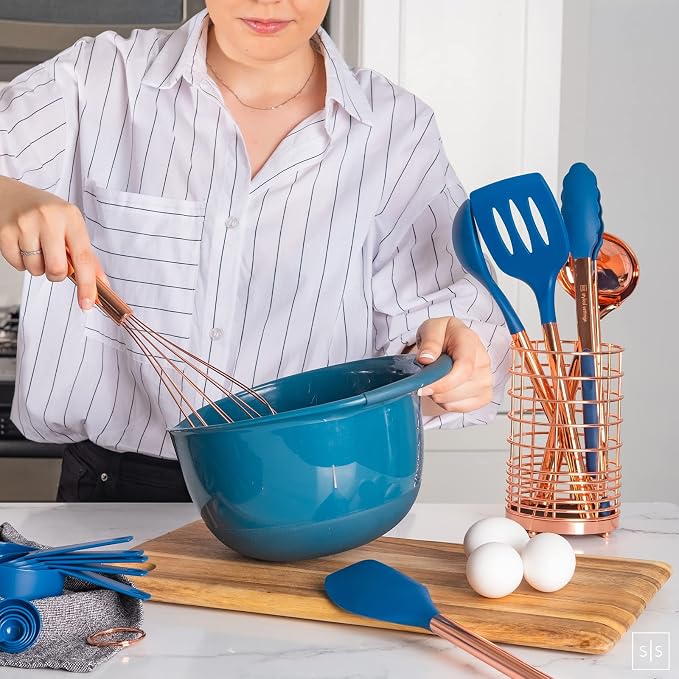 Styled Settings Copper and Blue Silicone Cooking Utensils Set, 17-Piece | Utensils Set with Copper Utensil Holder and Measuring Cups and Spoons for Stylish Cooking and Baking - Image 2