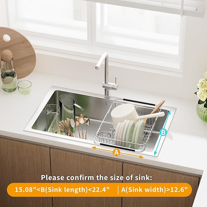 JAQ Over Sink Dish Drying Rack for Medium to Large Sink, Expandable 15.08"–22.4", Adjustable 304 Stainless Steel Dish Drainer with Utensil Holder, Large Capacity Holds Up to 13 Plates - Image 4