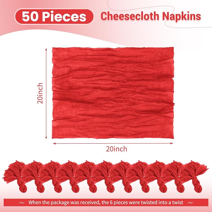 50 Pack Red Cloth Napkins 20x20Inch Cheesecloth Napkins | Elegant Cloth Napkins for Table, Washable Rustic Boho Gauze Napkins, for Wedding Party Bridal Baby Shower Christmas Decor - Image 2