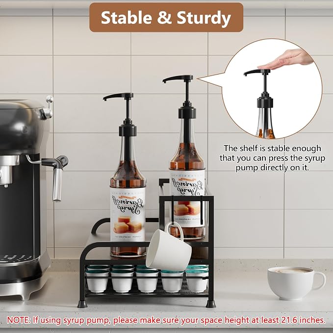 Coffee Syrup Rack Organizer, with Anti-Fall K-Cup Pod Holder Drawer | Black Metal Rack for 8 Syrup Bottles, Countertop Bottle Holder Stand for Wine, Space-Saving Design for Kitchen Cafe Station - Image 2