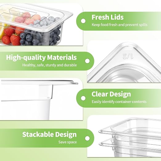 Sliner 10 Pack Plastic Clear Food Pans with Lids, Stackable and Freezer Safe Commercial Food Storage Containers for Fridge Salad Polycarbonate(4" 1/3+1/6 Set) - Image 3