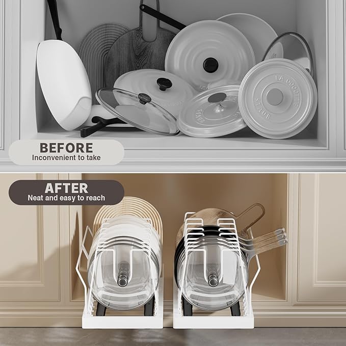 Magheo 2 Pack Pots and Pans Organizer Under Cabinet, 22" Deep Expandable Pull Out Pot Lid Organizer and Storage with 10 Adjustable Dividers No Drill Pot and Pan Holder Rack with Handle Bracket(White) - Image 3