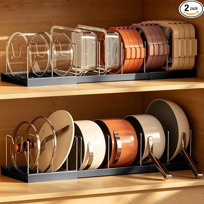 Magheo 2 Pack Pots and Pans Organizer Under Cabinet, Expandable 12.6"-22.8" Kitchen Cabinet Organizer Holder with 10 Adjustable Dividers for Food Storage Container Lid, Cookie Sheet, Cookware(Black) by MAGHEO