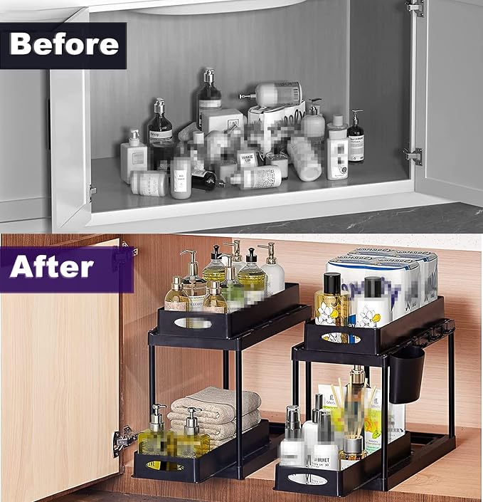 Double Sliding Cabinet Basket Organizer Drawers, 2 Tier Slide Out Under Sink Organizers Storage Under Cabinet Bathroom Organizer with Hooks & Hanging Cup for Kitchen Countertop (Black,2Pack) - Image 6