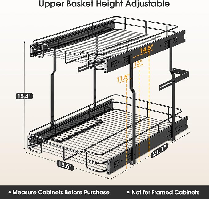 Delamu Pull Out Cabinet Organizer 2-Tier 14" W x 21" D Heavy Duty Chrome-Plated Slide Out Drawers, Kitchen Drawer Organizer Pull Out Shelves for Pots & Pans, Home Pantry Cans & Spices, Black - Image 3