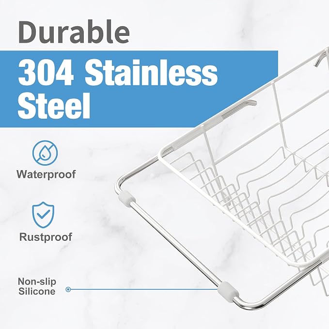 JASIWAY White Dish Drying Rack in Sink, Dish Drainer with Utensil Holder | Over The Sink Expandable Stainless Steel Strainer Dryer Rack for Small Kitchen, Counter Space Saving, Fast Drain, Rustproof - Image 3