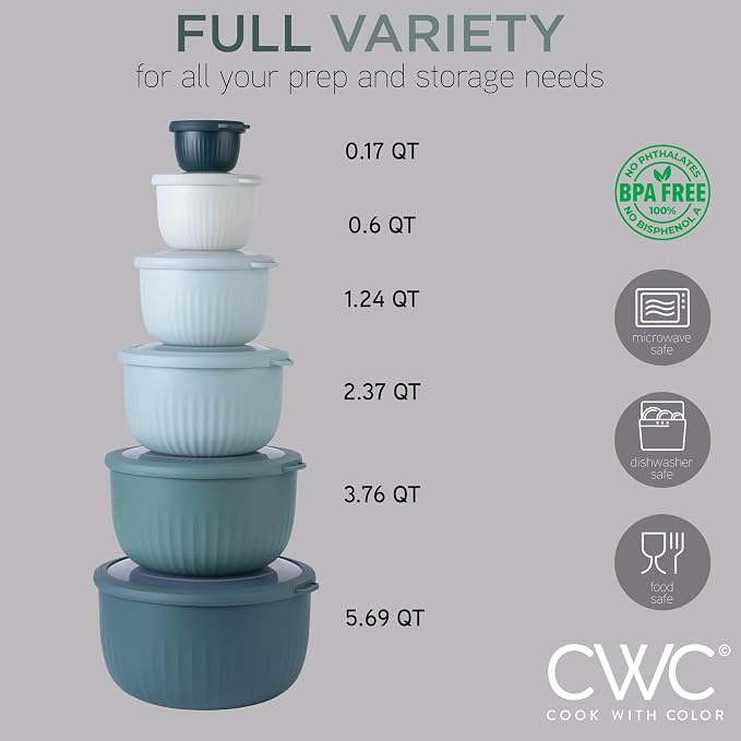 COOK WITH COLOR Prep Bowls with Lids- Wide and Deep Nesting Plastic Small Mixing Bowl Set with Lids, 12 Piece Set - Deep Bowls, Teal - Image 3
