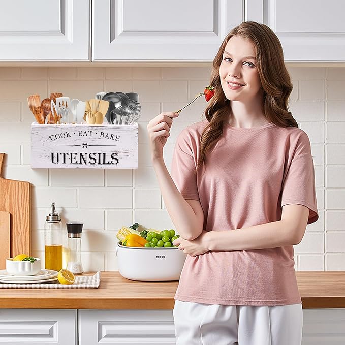Kitchen Utensil Holder for Counter or Countertop, Extra Large Wood Organizer with 4 Compartments, Wooden Storage for Cooking and Silverware, Rustic Minimalist Decor, Sturdy Utensil Crock-White - Image 2