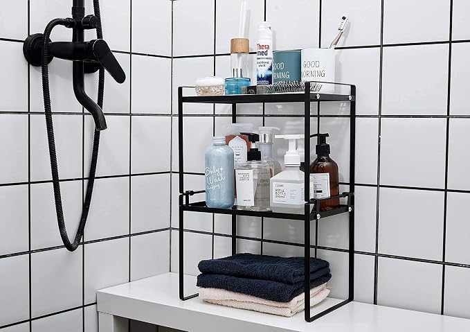 Shantton 2pk Kitchen Cabinet Shelf Counter Organizer Rack Pantry Storage Bathroom Bedroom Office Table Desk Space Saving Steel Frame Stackable Rust Resistant Non Slip Black-Tall-L13in W8.3in H9.5in | 2-Pack Stackable Metal Riser Holds 40LBS with Non-Sl... - Image 8
