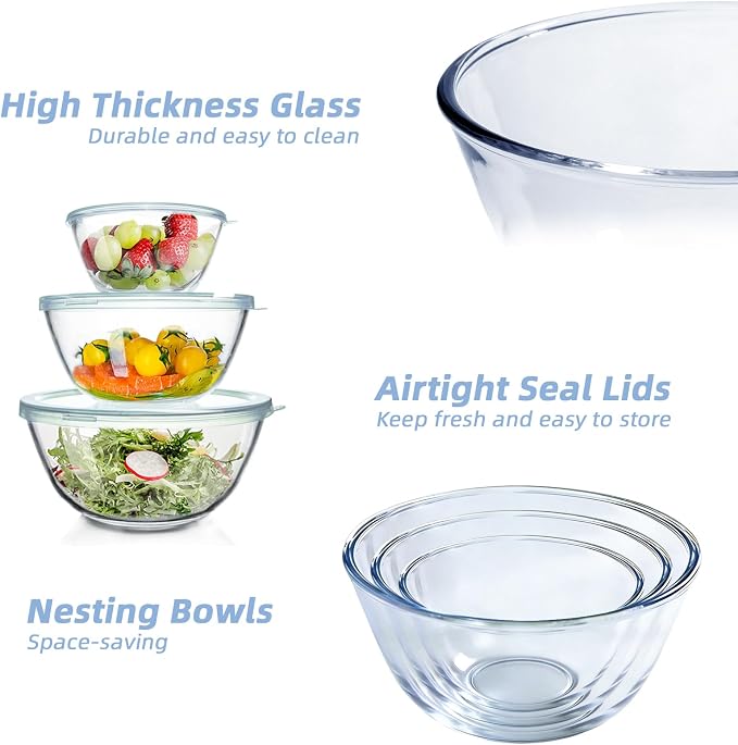 WhiteRhino Glass Mixing Bowls Glass Bowls with Lids Set(4.5QT,2.7QT, 1.1QT),Large Salad Bowls,glass mixing bowl Space-Saving Nesting Storage bowls for Cooking,Baking,Prepping,Dishwasher Safe - Image 3