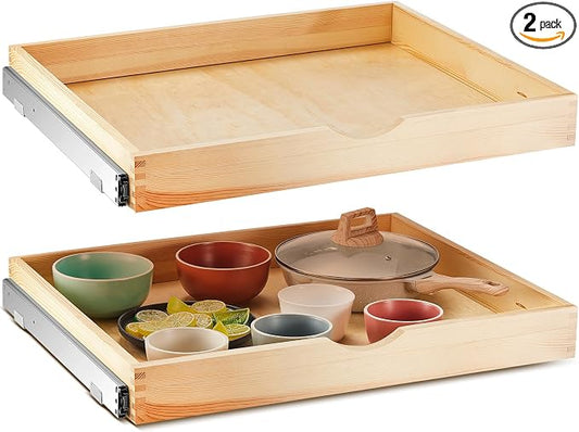 2 Set Wooden Pull out Cabinet Organizer Fully Assembled Slide out Pantry Drawer with Gentle Close Storage Shelf Tray for Base Kitchen Under Sink Bathroom Accessory(Wood Color,27'' X 21'' X 3") by Menkxi
