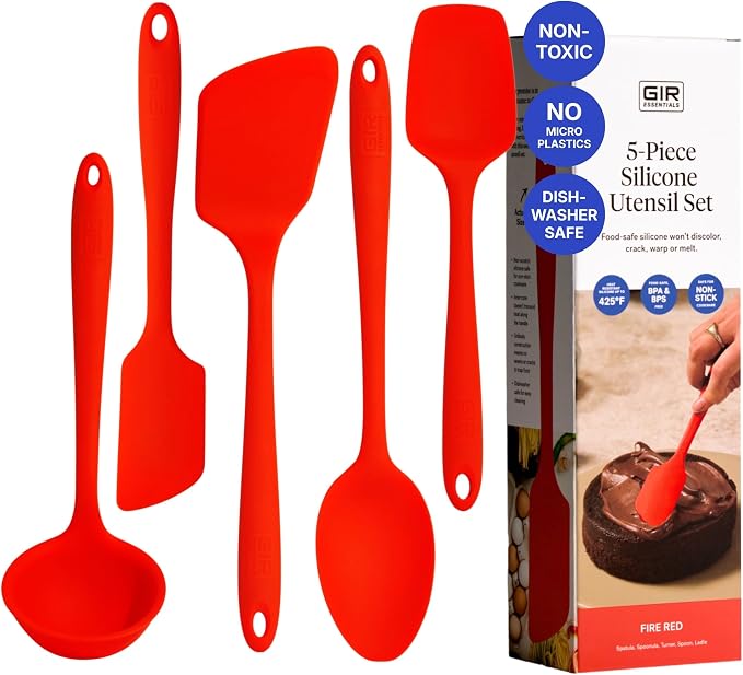 GIR 5-Piece Silicone Kitchen Utensils Set, Non-Toxic Cooking Utensils for Cooking and Baking, Heat Resistant, Food Grade, Dishwasher Safe Rubber Spatula, Ladle, Spoon - Fire Red by GIRGetItRight