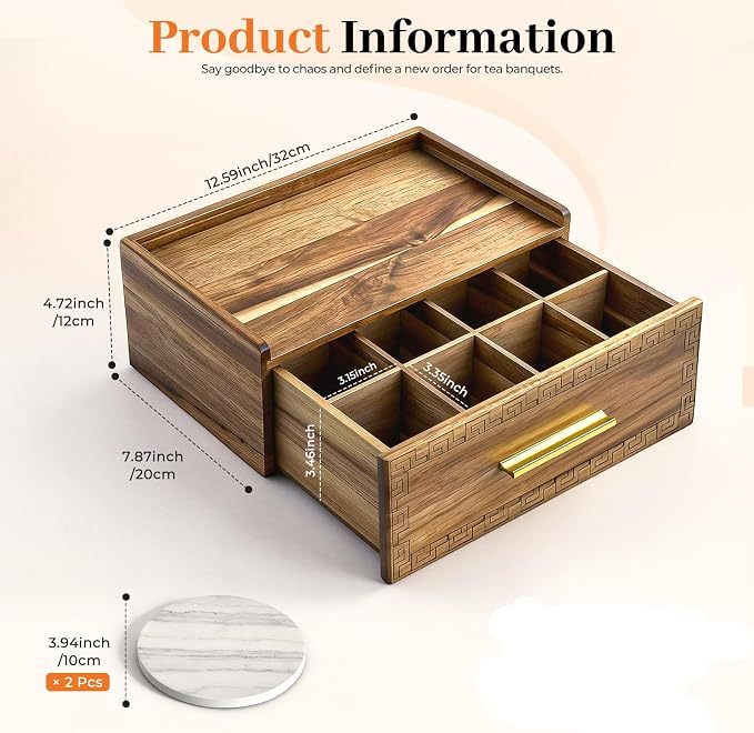 Acacia Wood Tea Bag Organizer with Storage Drawer | 8 Compartments Tea Caddy with Pattern Carving & 2 Ceramic Absorbent Coasters | Wooden Teabag Holder Tea Organizers for Countertop (Acacia) - Image 3