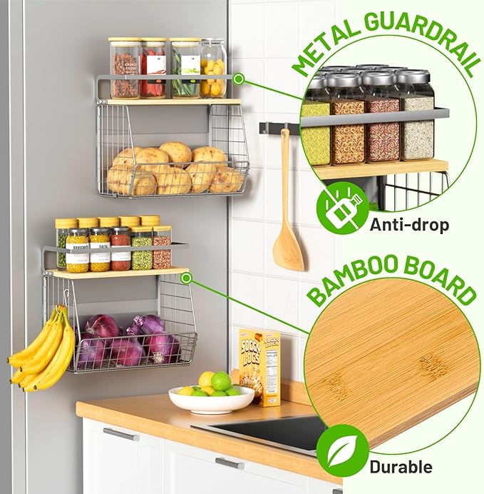Magnetic Fridge Shelf with Wood Lid, Fruit Potato Onion Storage Bins, Pantry Organizers, Large Container Spice Rack for Refrigerator, Kitchen Counter, Cabinet (2, Silver) - Image 2