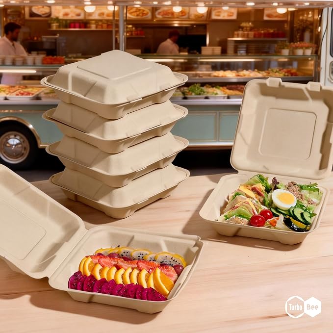 Turbo Bee 100 Pack 8x8inch Natural Take Out Containers with Lids, Large Disposable Clamshell Food Containers for Full Meals, Food Truck, BBQ, Catering & Meal Prep Natural - Image 7