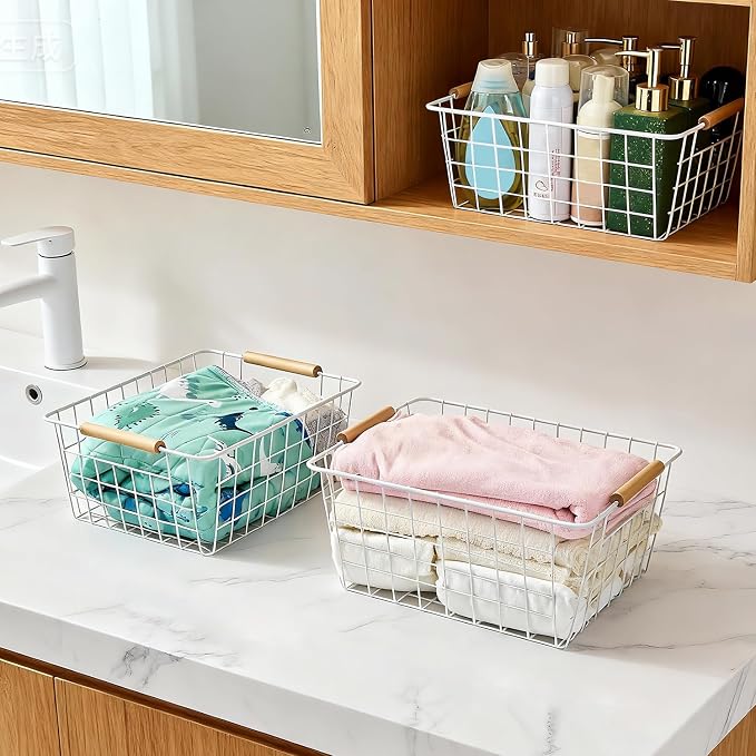 LeleCAT white wire baskets for organizing with Wooden Handles Storage Organizer Baskets, Household snack basket for Cabinets, Pantry, Closets, Bedrooms, pantry organizers and storage - Set of 2（White） - Image 7