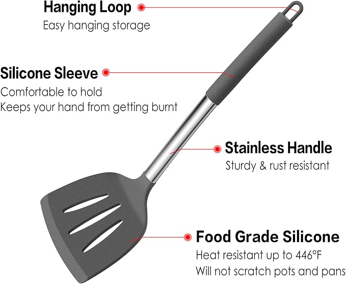 LIANYU 15-Piece Cooking Kitchen Utensils Set with Holder | Silicone Kitchen Tools Stainless Steel Handle, Slotted Spatula Spoon Turner Tong Whisk Brush for Cooking, Gray - Image 3