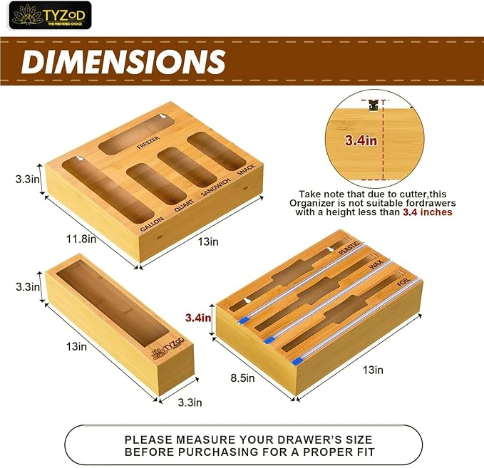 9-in-1 Bamboo Storage Bag Organizer with Cutter, Kitchen Drawer & Wall Mount Storage for Foil, Plastic Wrap, Gallon, Quart, Sandwich, Snack & Freezer Bags, Fits Rolls ≤12” Long, ≤2” Diameter - Image 3