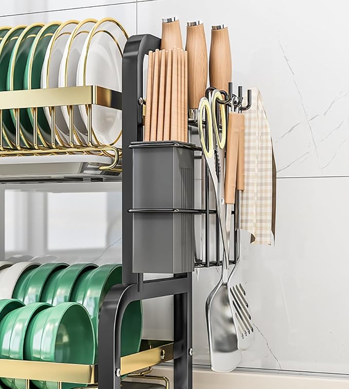 CAKERS Dish Drying Rack with Removable Drain Tray|Carbon Steel Dish Strainers for Kitchen Counter|Tableware Holder Dinnerware Drainer Organizer,Black Gold,3 Tier(Extra Long)-Main Shelf with Set - Image 7