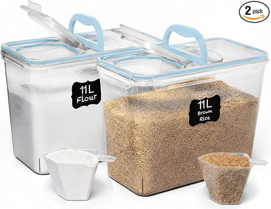 Shazo 2 PC (11L | 372 oz) Flour Sugar Storage Containers with Spout Lid & Easy Carry Handle - BPA Free Extra Large Airtight Food Storage Containers with Lids - Rice Canisters Sets for Kitchen & Pantry by Shazo