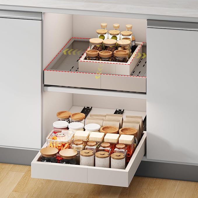 Fokyfok Pull out Cabinet Organizer,11"-16"W,17"-24"D,Expandable,Adhesive | No Drill,3 Rails,Adjustable Slide out Drawers for Kitchen,Pantry,Roll out Shelves,for Cabinets Without Lip,Bathroom,White,1PC by Fokyfok