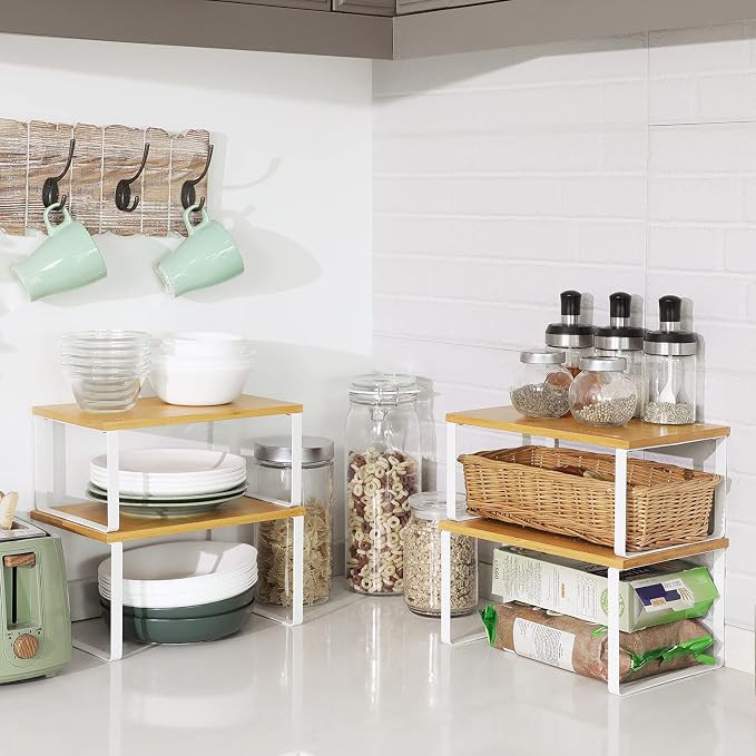 SONGMICS Cabinet Organizer Shelf, Set of 4 Kitchen Counter Shelves, Kitchen Storage, Spice Rack, Stackable, Expandable, Metal and Engineered Wood, Cloud White and Natural Beige UKCS010N01 - Image 8