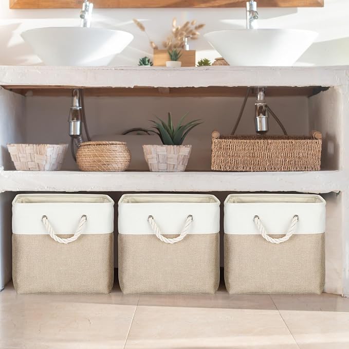 meekoo 8 Pack Collapsible Storage Bins Fabric Storage Bins Polyester Fabric Baskets with Handles Linen Closet Organizer for Shelf Home Closet Towels Toys(17 x 12 x 15 in,Beige) - Image 5