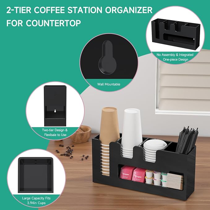 2-Tier Coffee Station Organizer for Countertop, 5 Compartments Black Acrylic Cup and Lid Holder Tea Condiment Storage Upright Coffee Bar Organizer Pod Dispenser for Office Breakroom Home Kitchen - Image 4