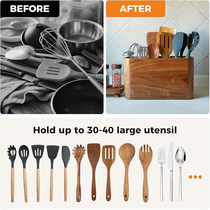 Large Acacia Wood Utensil Holder with 3 Compartments for Kitchen Counter, Extra Large Farmhouse Wooden Utensil Organizer for Cooking Tools and Silverware - Image 6