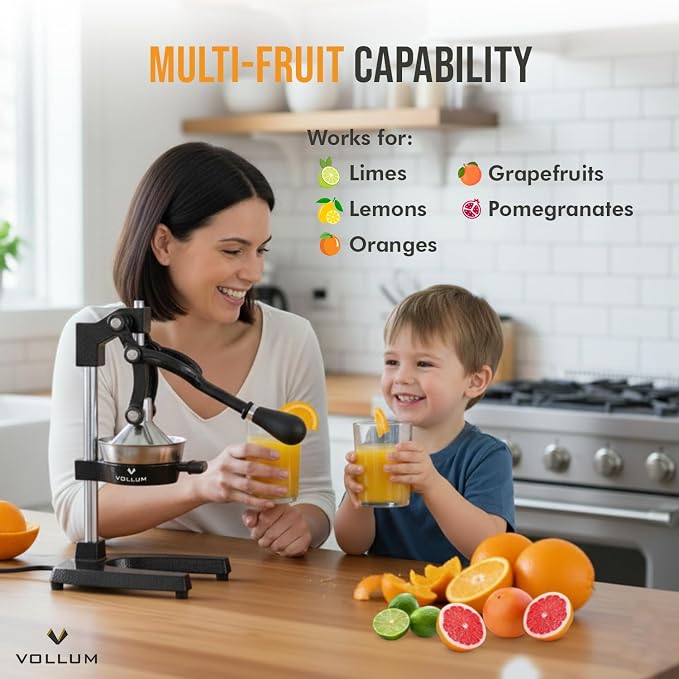 Manual Fruit Juicer,Commercial Grade Home Citrus Lever Squeezer for Oranges, Lemons, Limes, Grapefruits and More,Stainless Steel and Cast Iron,Non-skid Suction Cup Base,15 Inch,Black,by Vollum | Commercial-grade press for oranges, lemons, limes, and gr... - Image 8