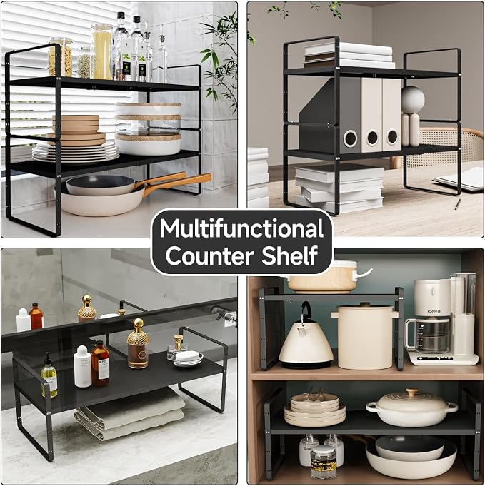 2Pcs Expandable Cabinet Shelf Organizers, 16.5"~27''L, Black | Stackable Metal Shelves, Adjustable Spices Rack Stand, For Kitchen Countertop Cupboard Pantry, 8" W x 9.6" H - Image 6