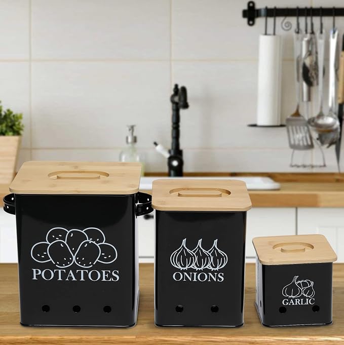 Kitchen Canisters Set, Storage Bin for Potato Onion & Garlic, 3 Pack Set Countertop Pots Containers with Wooden Lid - Potato Storage, Garlic Bin, Onion Keeper Tin with Aerating Holes-Black - Image 3