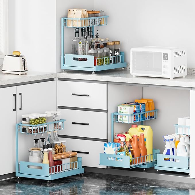 2-Pack L-Shaped Under Sink Organizer, 2-Tier Pull-out Cabinet Rack | Teal Height-Adjustable Steel Rack, Sliding Grid Drawers with PP Liners, Holds 100 Lbs, Suction Base, Ideal Kitchen Storage - Image 3