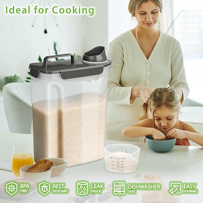 Viretec Rice Storage Container, 15 to 20lb Dry Food Airtight Dispenser, Pet Dog Cat Food Canister, BPA Free Clear Plastic Kitchen and Pantry Bin for Oatmeal, Cereal, Pasta, Flour Pack of 2 Grey - Image 2