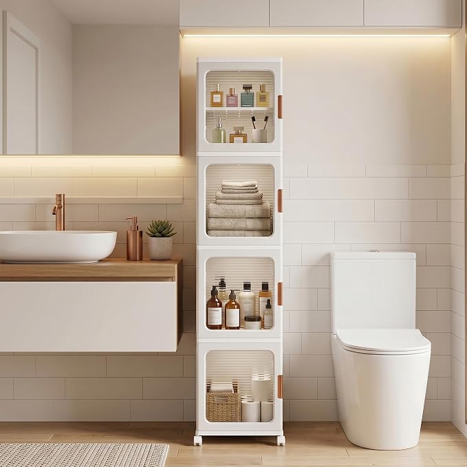 4-Tier Tall Narrow Plastic Storage Cabinet, Foldable | Rolling Organizer with Lid,4 Doors,2 Adjustable Shelves,Stackable,Durable PP,Freestanding Bathroom Cabinet for Slim Space by AvaloomiaHome