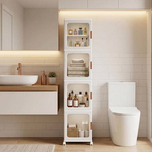 4-Tier Tall Narrow Plastic Storage Cabinet, Foldable | Rolling Organizer with Lid,4 Doors,2 Adjustable Shelves,Stackable,Durable PP,Freestanding Bathroom Cabinet for Slim Space by AvaloomiaHome